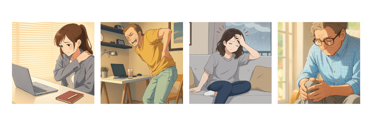 肩こり、腰痛、頭痛、膝痛で悩んでいる人達